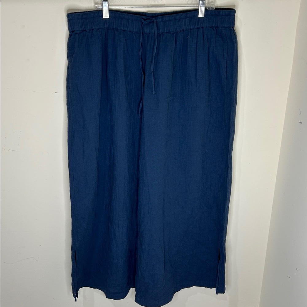 Pact Coastal Double Gauze Split Hem Pant Cotton Wide Leg Drawstring Blue XXL - Picture 2 of 15